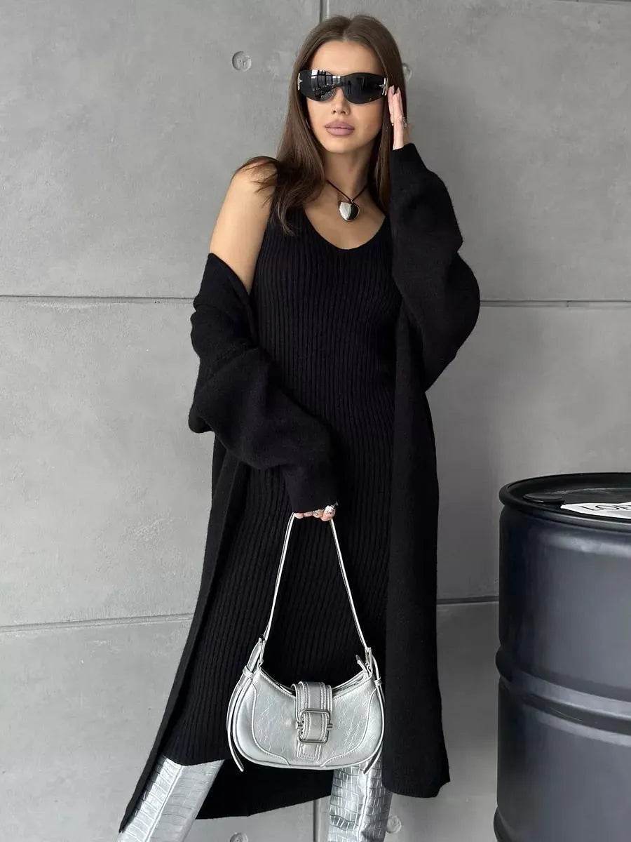 Women 2pcs Winter outfit set Long dress Cashmere Long Cardigan Jacket