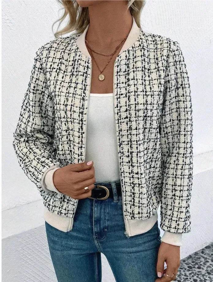 Autumn Winter Casual Long Sleeve plaid Houndstooth zipper outwear jacket women
