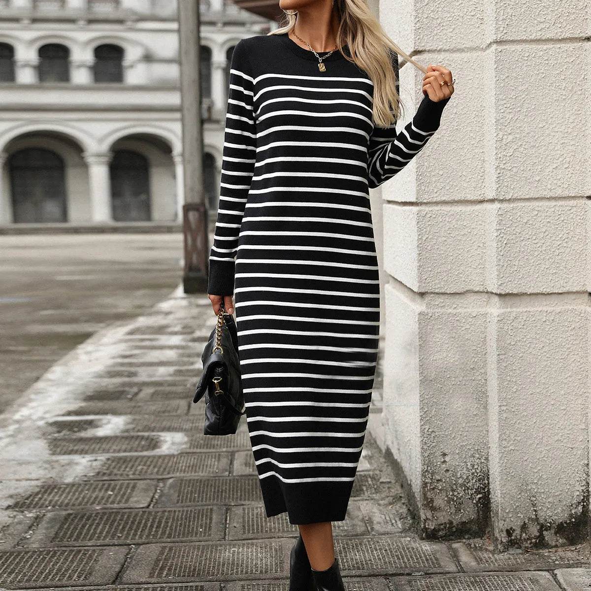 Slim Striped Printed Long Cashmere Dress Autumn And Winter Long Sleeve Dresses For Women