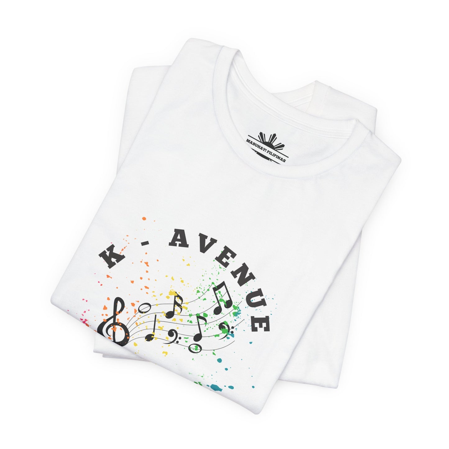 K Avenue Band Tee — Colorful Musical Notes Shirt with Drum Back & Custom Initials (TJ)