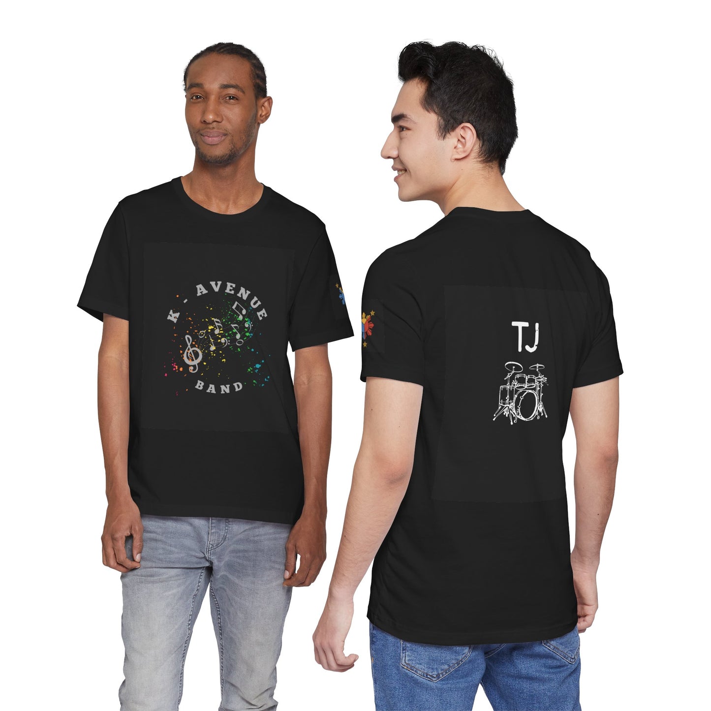 K Avenue Band Tee — Colorful Musical Notes Shirt with Drum Back & Custom Initials (TJ)