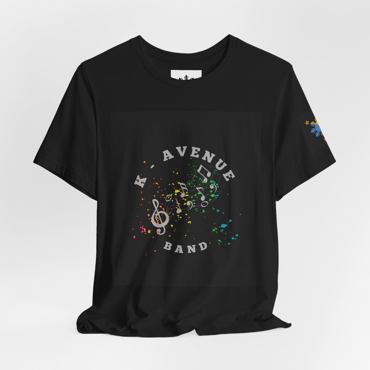 K Avenue Band Tee — Colorful Musical Notes Shirt with Drum Back & Custom Initials (TJ)