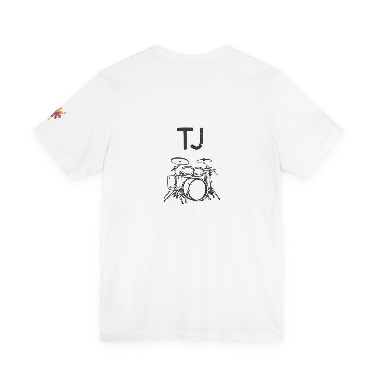 K Avenue Band Tee — Colorful Musical Notes Shirt with Drum Back & Custom Initials (TJ)