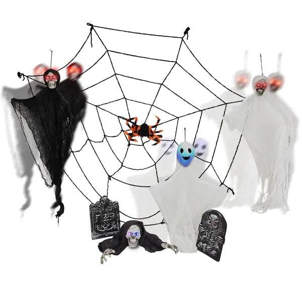 Outdoor Halloween Decorations 8-Piece Set, Hanging Ghosts Decor And Cobweb And Gravestone With Lighted Up Eyes, Scary Swinging Ghost Flying For Yard Patio Lawn Garden