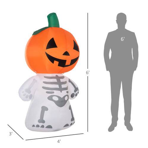 6ft Halloween Inflatables Outdoor Decorations, Smiling Skeleton Ghost With Pumpkin Head, Blow Up LED Yard Decor For Garden, Lawn, Party, Holiday, Waterproof