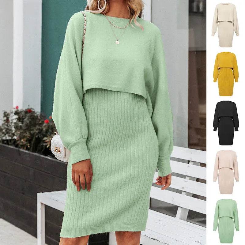 Women 2pcs Winter Outfit Cashmere dress Cropped Pullover top