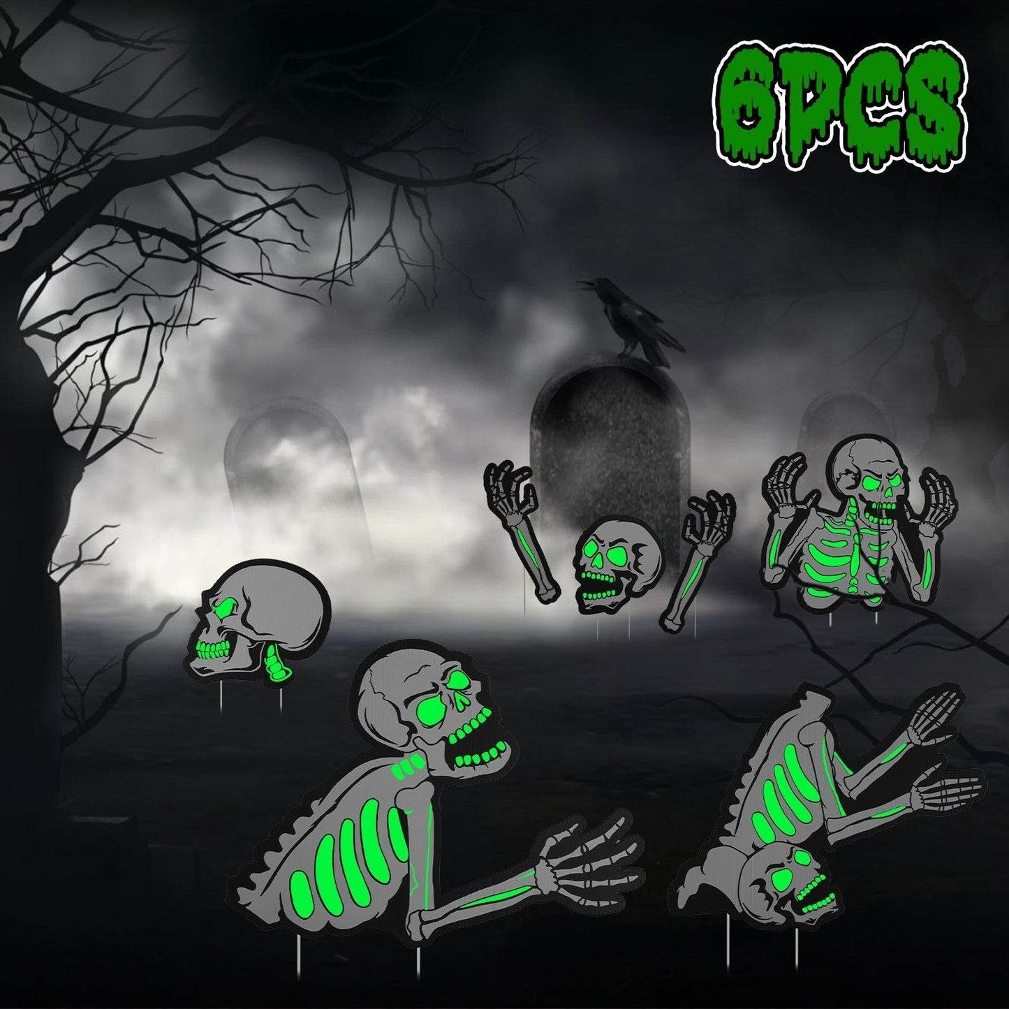 6Pcs Skull Or 6Pcs Tomb Or 5Pcs Black Cat Halloween Yard Sign Decorations  Glow In The Dark For Haunted House Garden Yard And Scary Theme Party