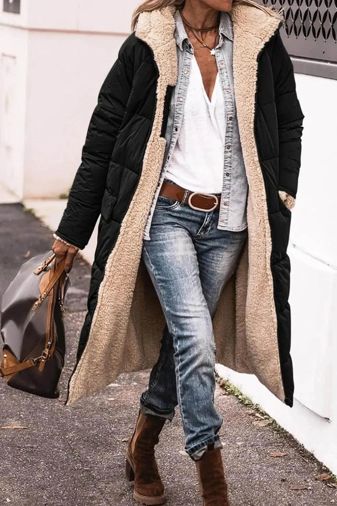 Classy Fleece lined Long Hooded Puffer Winter coat for women