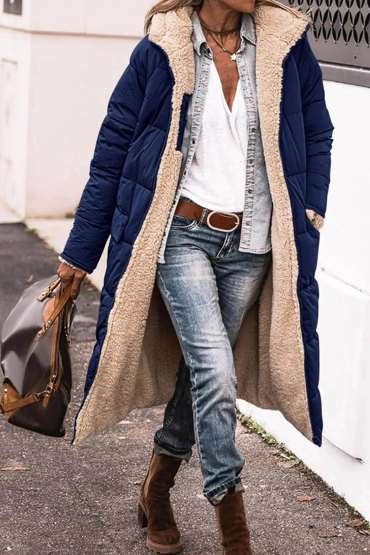 Classy Fleece lined Long Hooded Puffer Winter coat for women